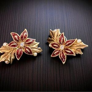 Antique enamel earrings with‎ hand painted poinsettias